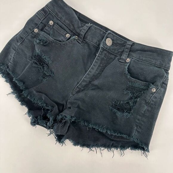 American Eagle Black Distressed Cut Off Hi Rise‎ Festival Stretch Shorts Size 4 - Picture 2 of 8